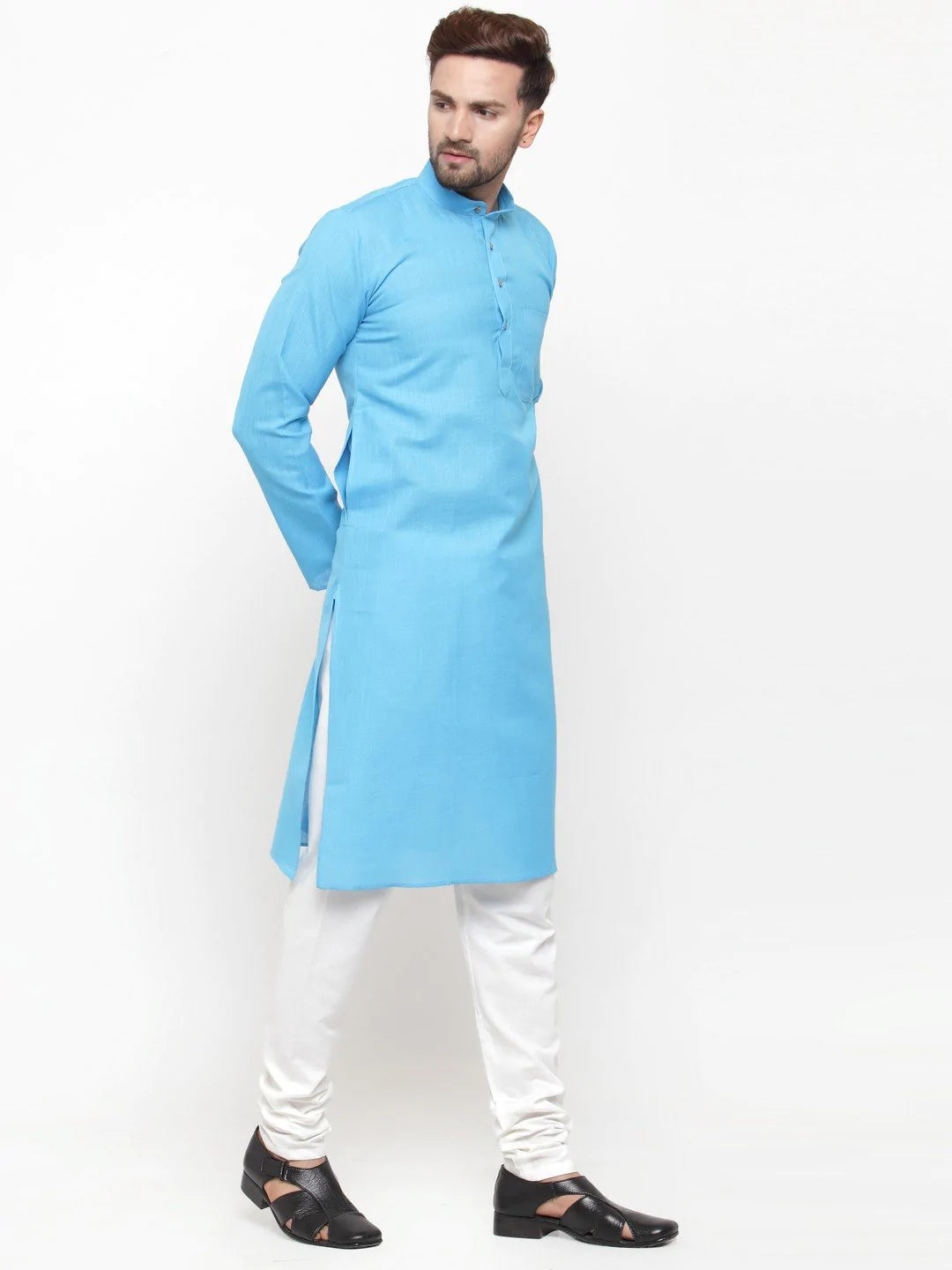 Men's Blue Cotton Blend Solid Kurta Set