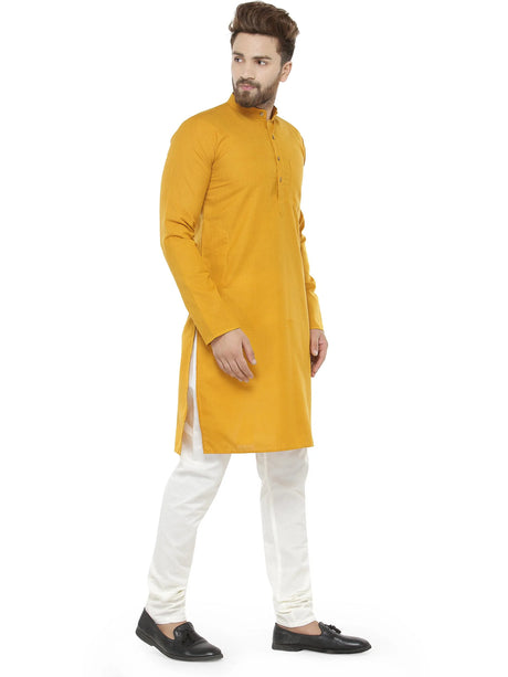 Men's Yellow Cotton Blend Solid Kurta Set