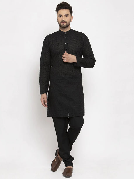 Men's Black Cotton Embroidered Kurta Top