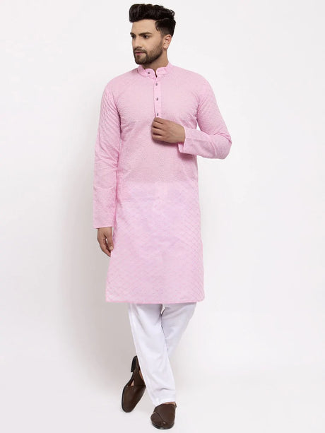 Men's Pink Cotton Embroidered Kurta Top