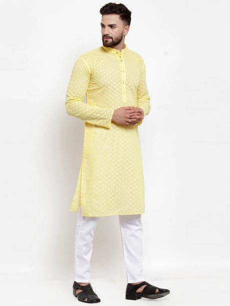 Men's Yellow Cotton Embroidered Kurta Top