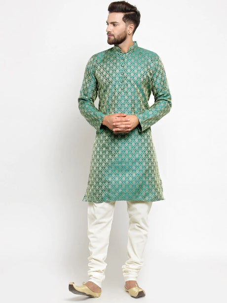 Men's Green & Beige Jacquard Silk Woven Design Kurta Top