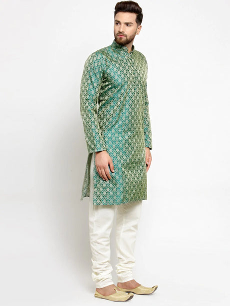 Men's Green & Beige Jacqurd Silk Woven Design Kurta Set