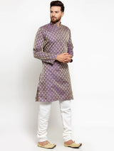 Men's purple Jacqurd Silk Woven Design Kurta Set