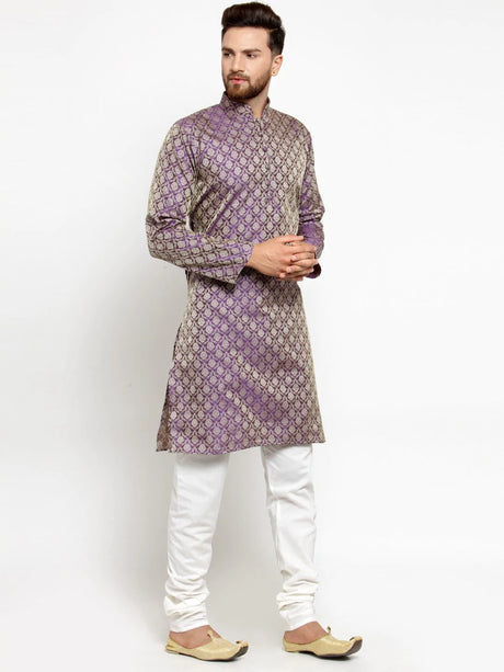 Men's purple Jacqurd Silk Woven Design Kurta Set