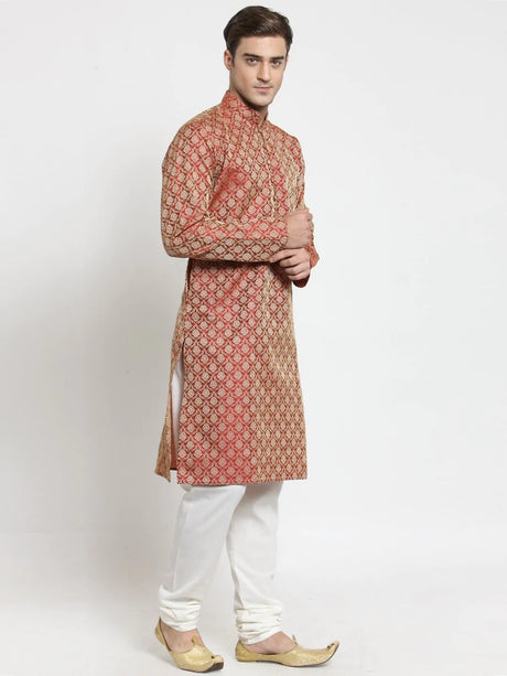 Men's Red Jacquard Silk Woven Design Kurta Top