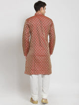 Men's Red Jacqurd Silk Woven Design Kurta Set