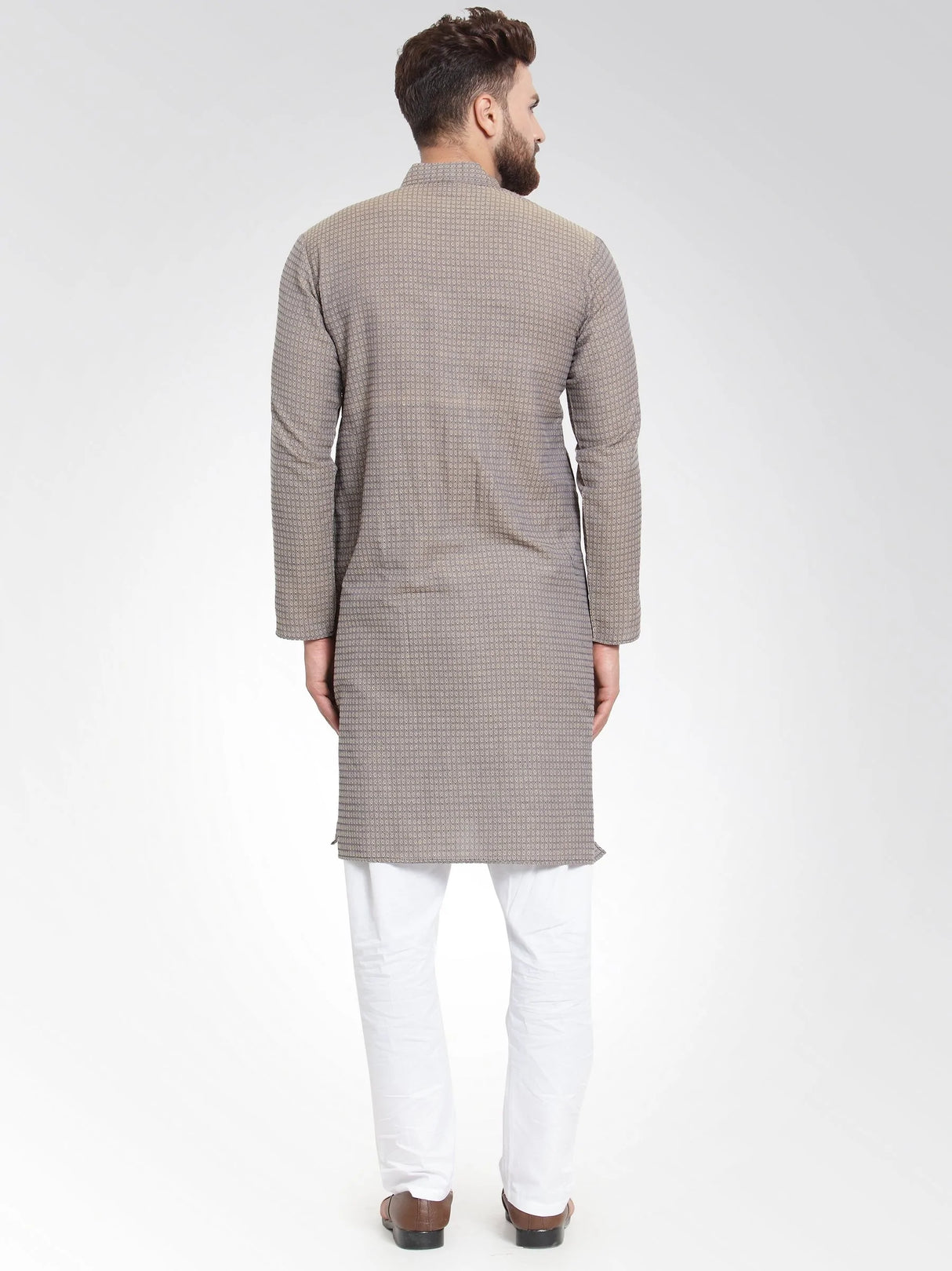 Men's Grey Cotton Jacquard Geometric Kurta Top