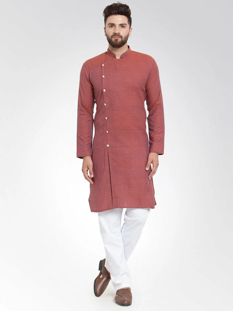 Men's Red Cotton Jacquard Geometric Kurta Top