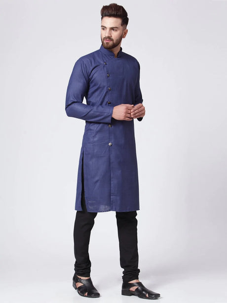 Men's Navy Blue Cotton Solid Kurta Set