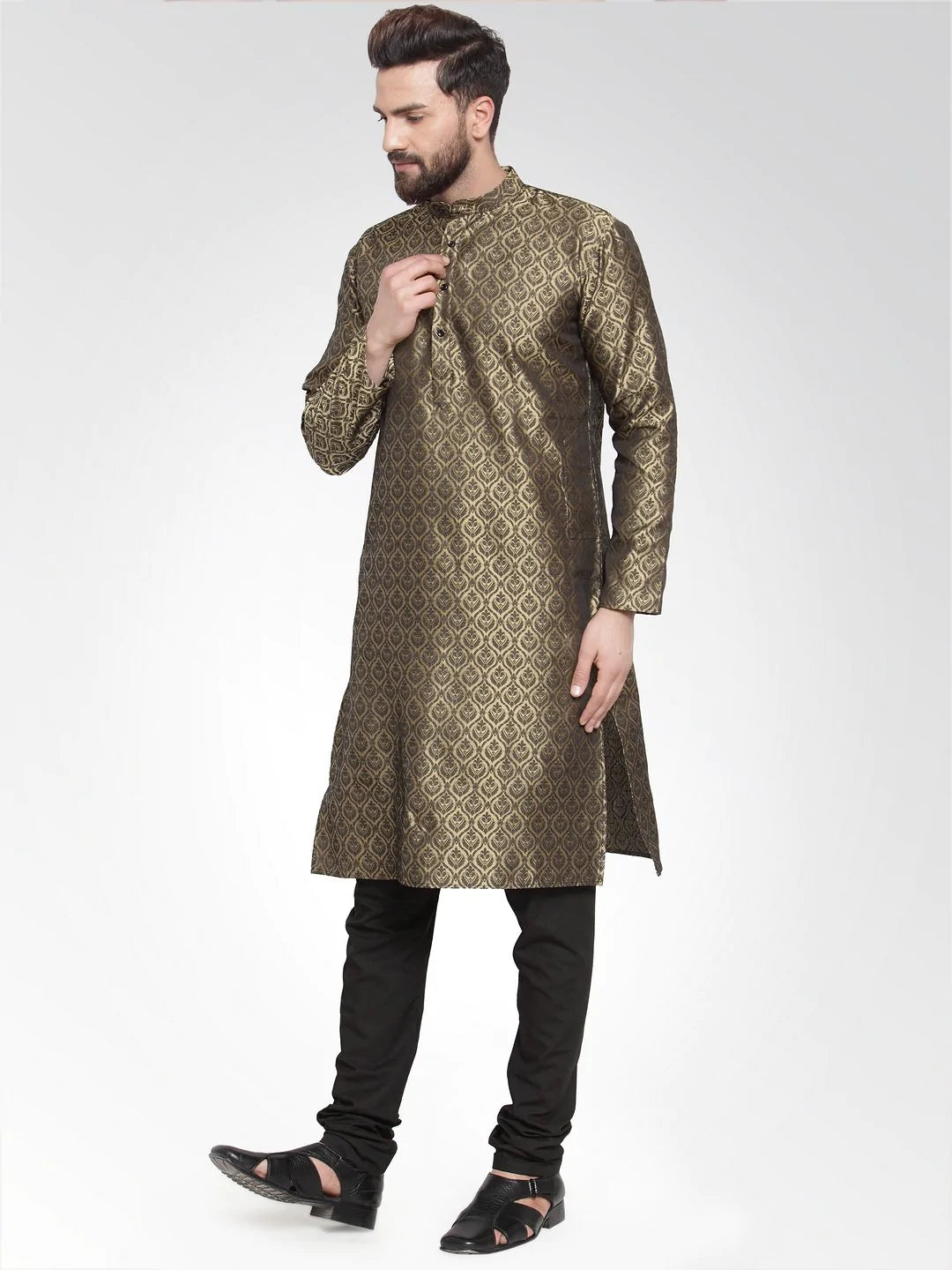 Men's Gold Jacquard Silk Woven Design Kurta Top