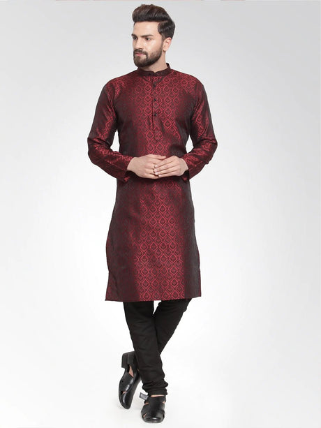 Men's Maroon Jacquard Silk Woven Design Kurta Top