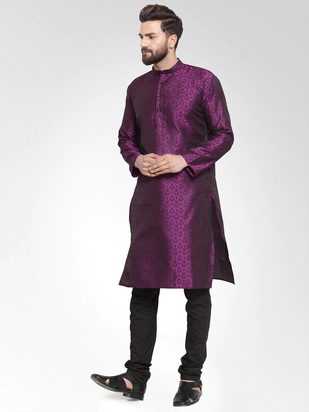 Men's purple Jacquard Silk Woven Design Kurta Top
