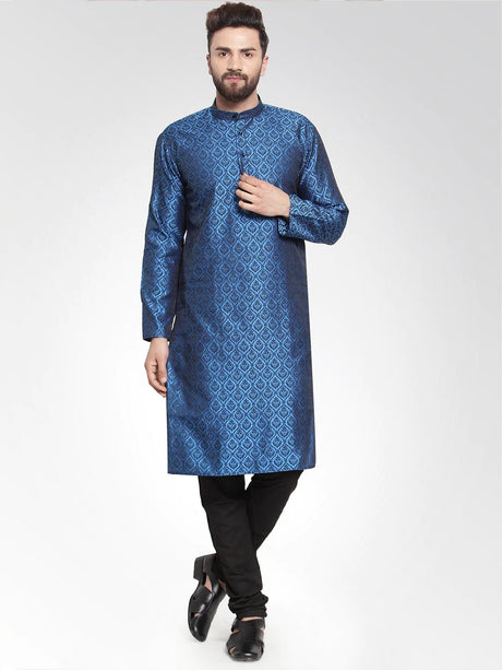 Men's Blue Jacquard Silk Woven Design Kurta Top