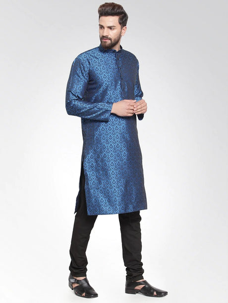 Men's Blue Jacquard Silk Woven Design Kurta Set