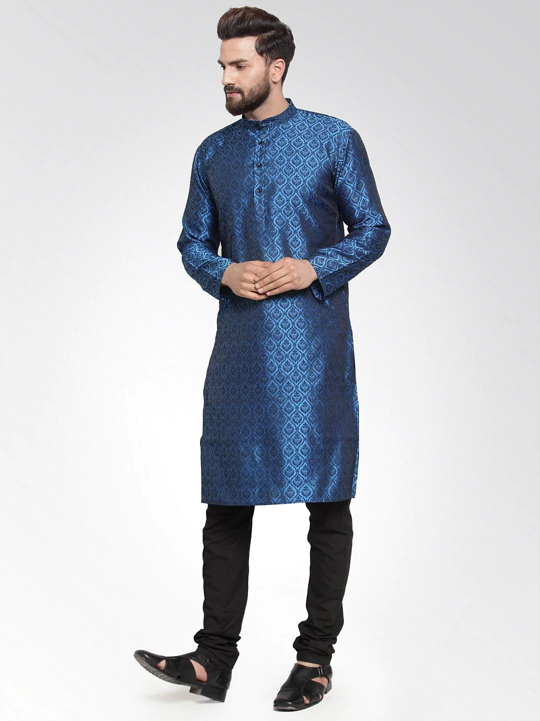 Men's Blue Jacquard Silk Woven Design Kurta Set