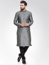 Men's Silver Jacquard Silk Woven Design Kurta Top