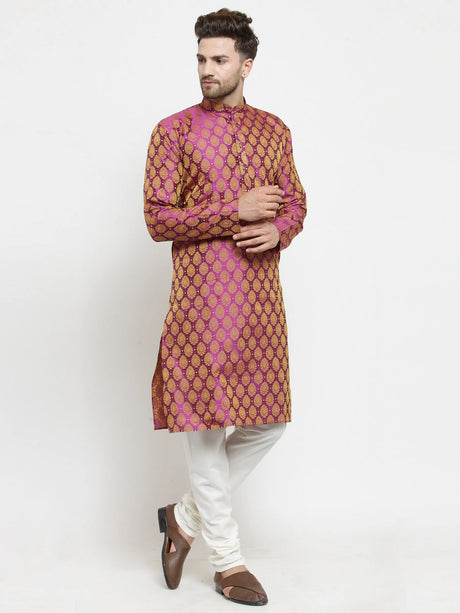 Men's Pink Jacquard Woven Kurta Set