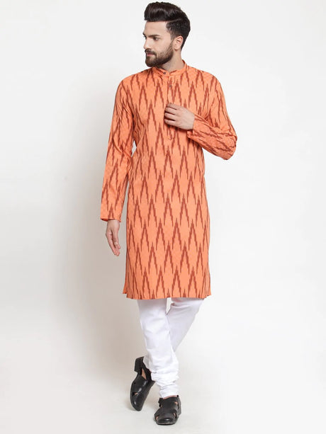 Men's Orange Cotton Blend Printed Kurta Top