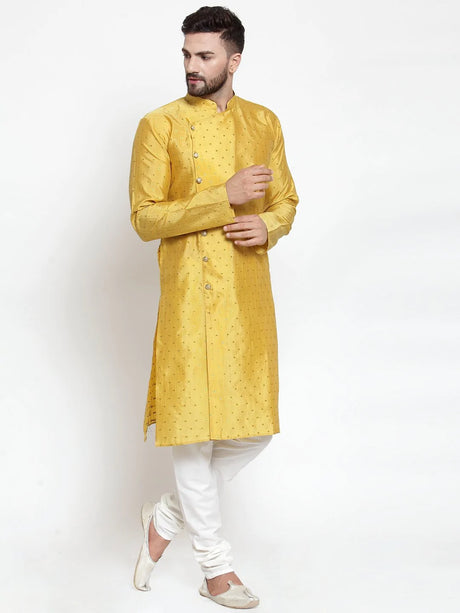 Men's Yellow Dupion Silk Polka Dots Kurta Set