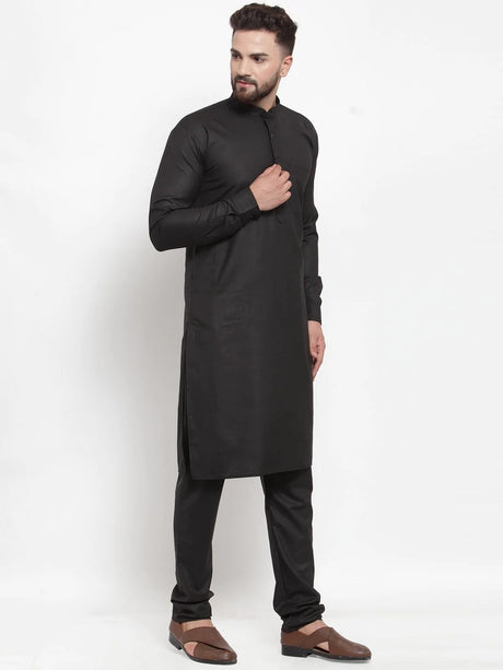 Men's Black Cotton Solid Kurta Set