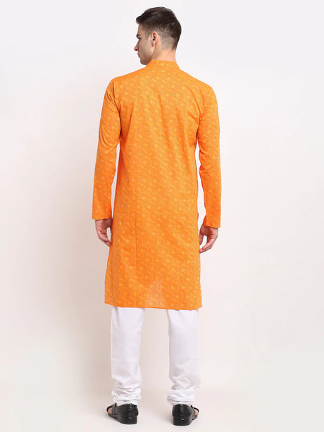 Men's Yellow Cotton Printed Kurta Set