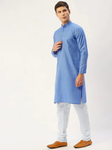 Men's Blue Cotton Blend Solid Kurta Set