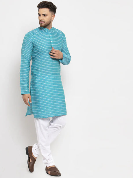 Men's Blue Cotton Printed Kurta Set