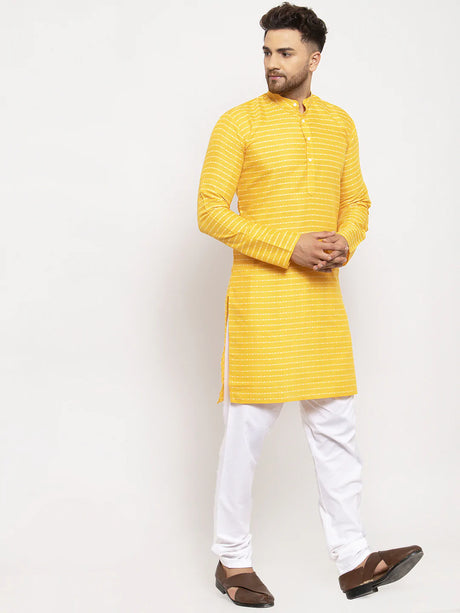 Men's Yellow Cotton Printed Kurta Set