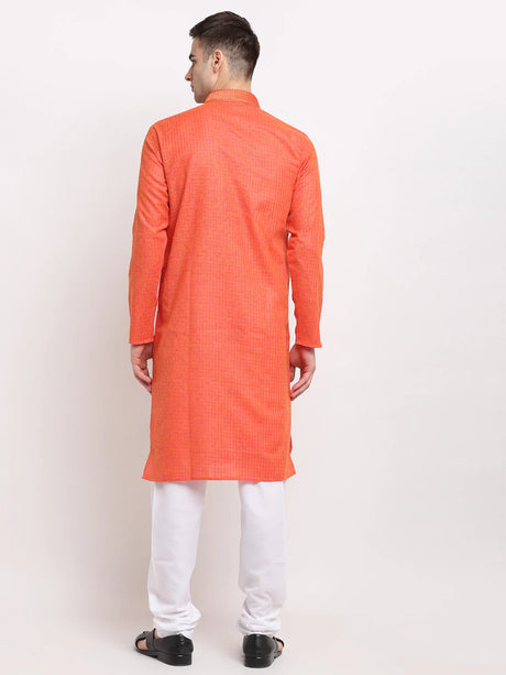 Men's Orange Cotton Woven Kurta Set