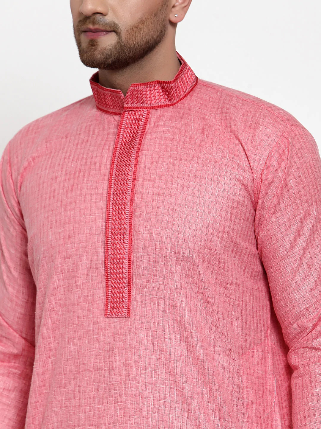 Men's Pink Cotton Woven Kurta Top