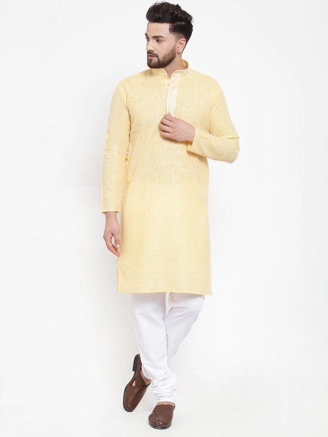 Men's Yellow Cotton Woven Kurta Top