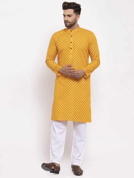 Men's Yellow Cotton Abstract Kurta Top