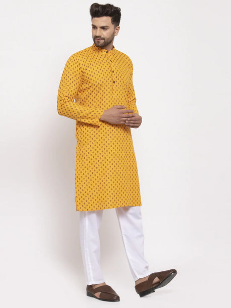 Men's Yellow Cotton Abstract Kurta Set