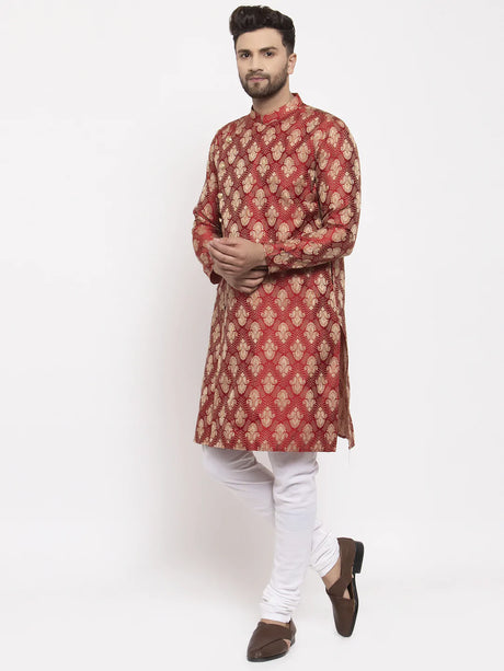 Men's Maroon Jacqaurd Abstract Kurta Set