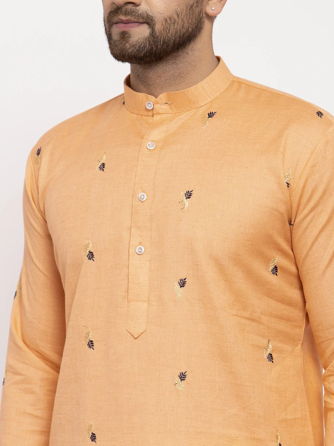 Men's Light Orange Cotton Abstract Kurta Top