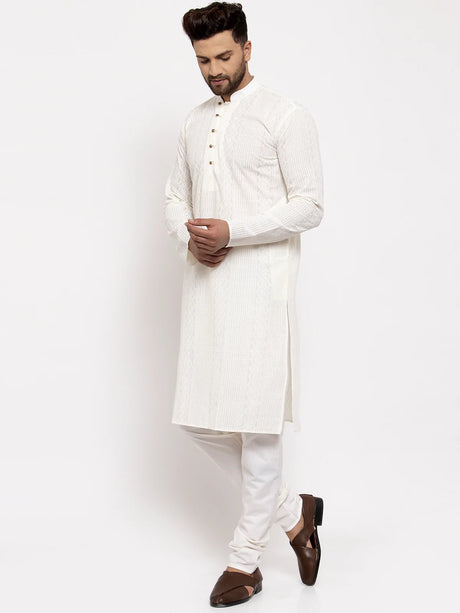 Men's Cream Cotton Embroidered Kurta Set