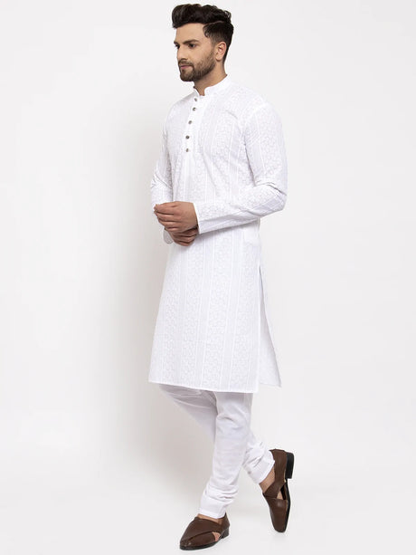 Men's White Cotton Embroidered Kurta Set
