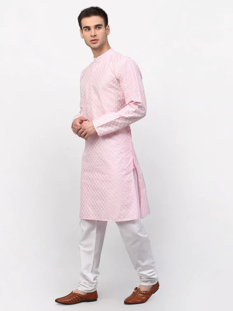 Men's Pink Dupion Embroidered Kurta Set