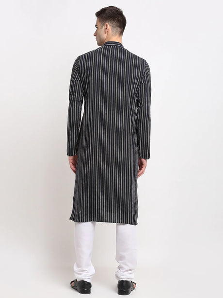 Men's Black Cotton Striped Kurta Set