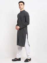 Men's Black Cotton Striped Kurta Set