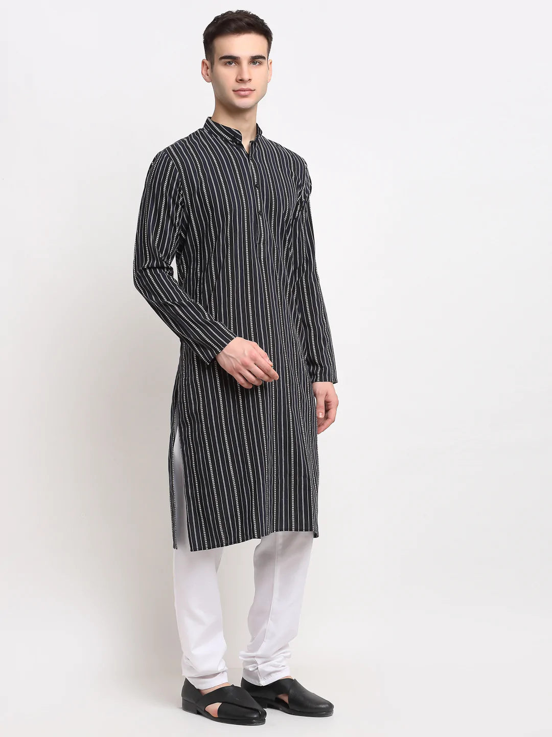 Men's Black Cotton Striped Kurta Set