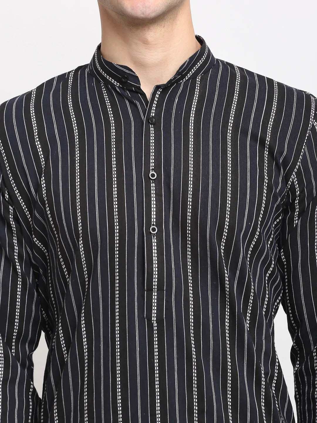 Men's Black Cotton Striped Kurta Set