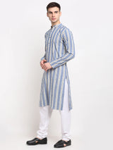 Men's Blue Cotton Striped Kurta Set