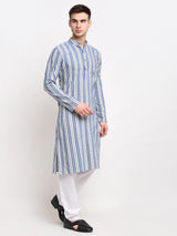 Men's Blue Cotton Striped Kurta Set