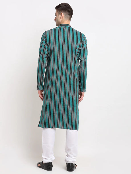 Men's Green Cotton Striped Kurta Set