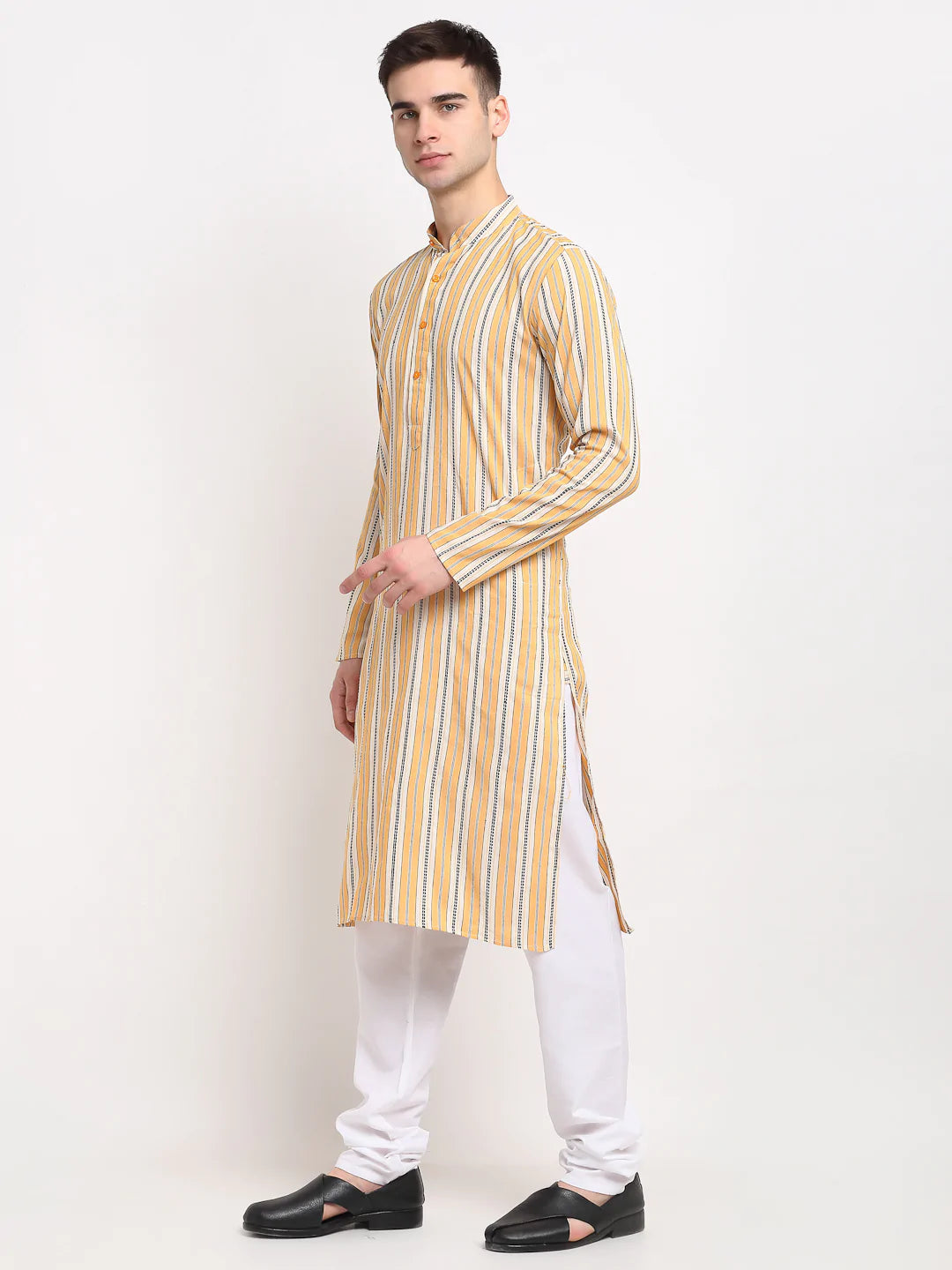 Men's Yellow Cotton Striped Kurta Set