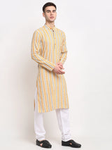 Men's Yellow Cotton Striped Kurta Set