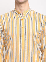 Men's Yellow Cotton Striped Kurta Set