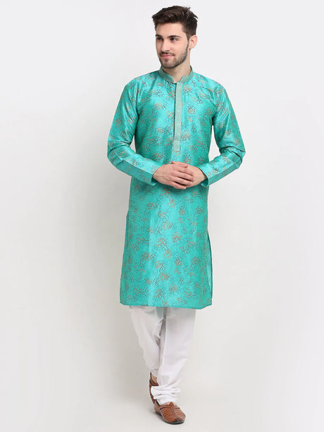 Men's Green Dupion Printed Kurta Top